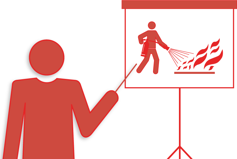 Schulungen für den organisatorischen Brandschutz Icon: Lehrer steht vor einer Tafel. Auf der Tafel ist ein Abbildung: Mensch löscht Feuer